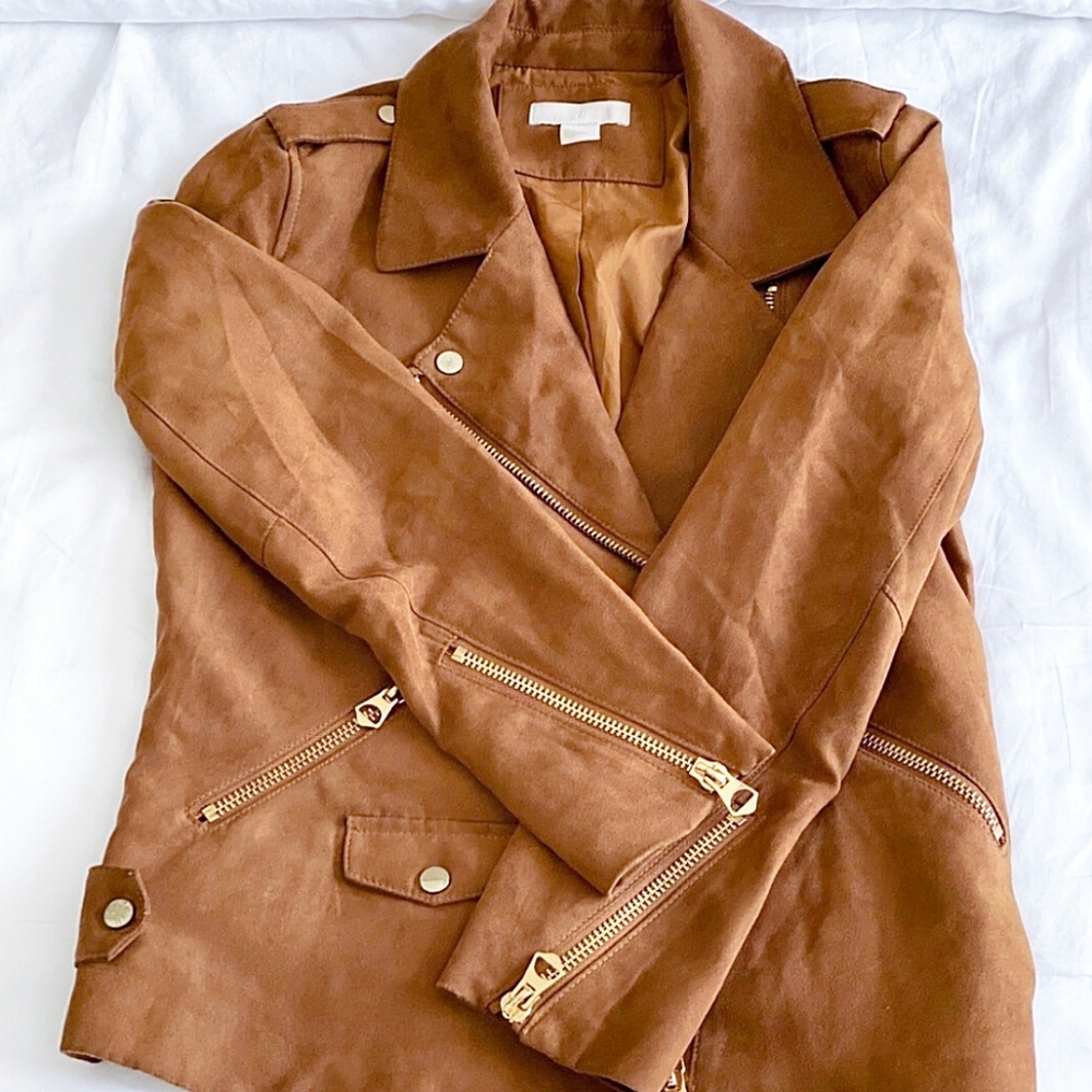 H&M Cognac Faux Suede Moto Jacket Size 8